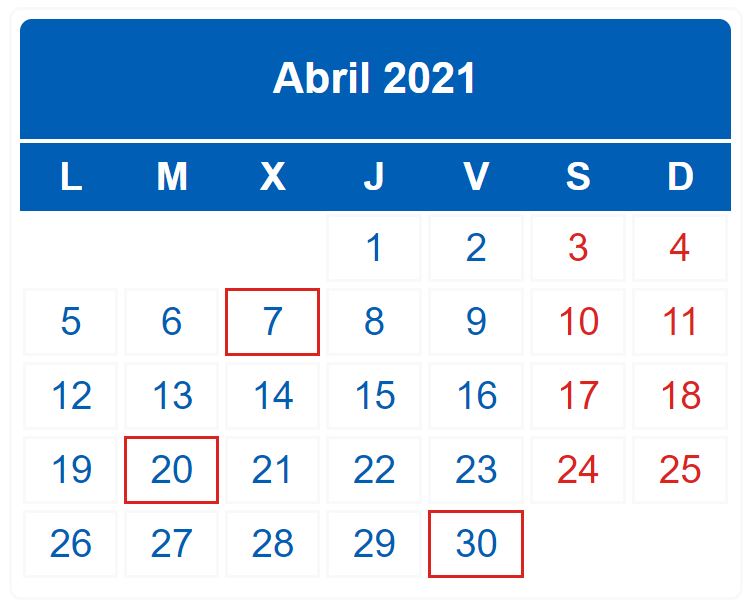 Calendario contribuyente. Abril 2021