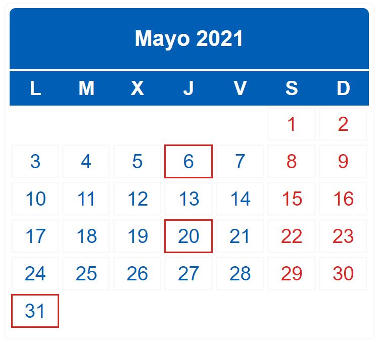 Calendario contribuyente. Mayo 2021