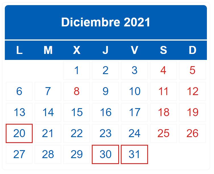 Calendario contribuyente. Diciembre 2021