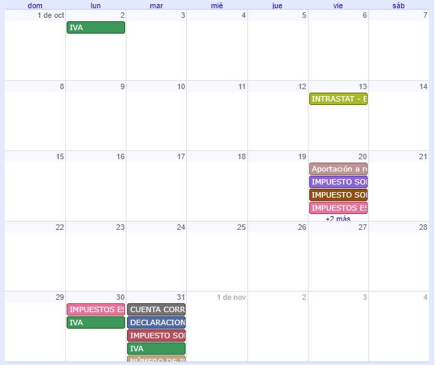 Calendario del contribuyente. Octubre 2023