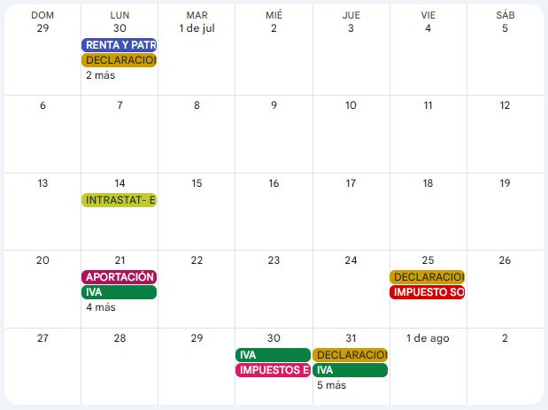 Calendario contribuyente. Julio 2025