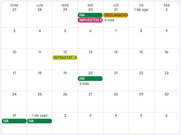 Calendario contribuyente. Agosto 2025