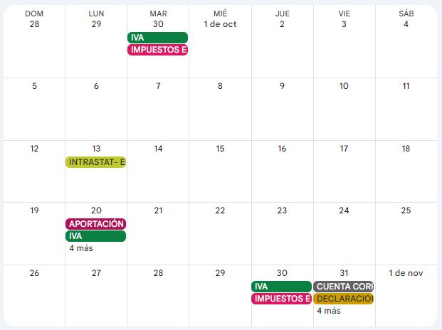 Calendario contribuyente. Octubre 2025