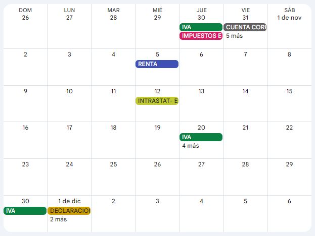 Calendario contribuyente. Noviembre 2025