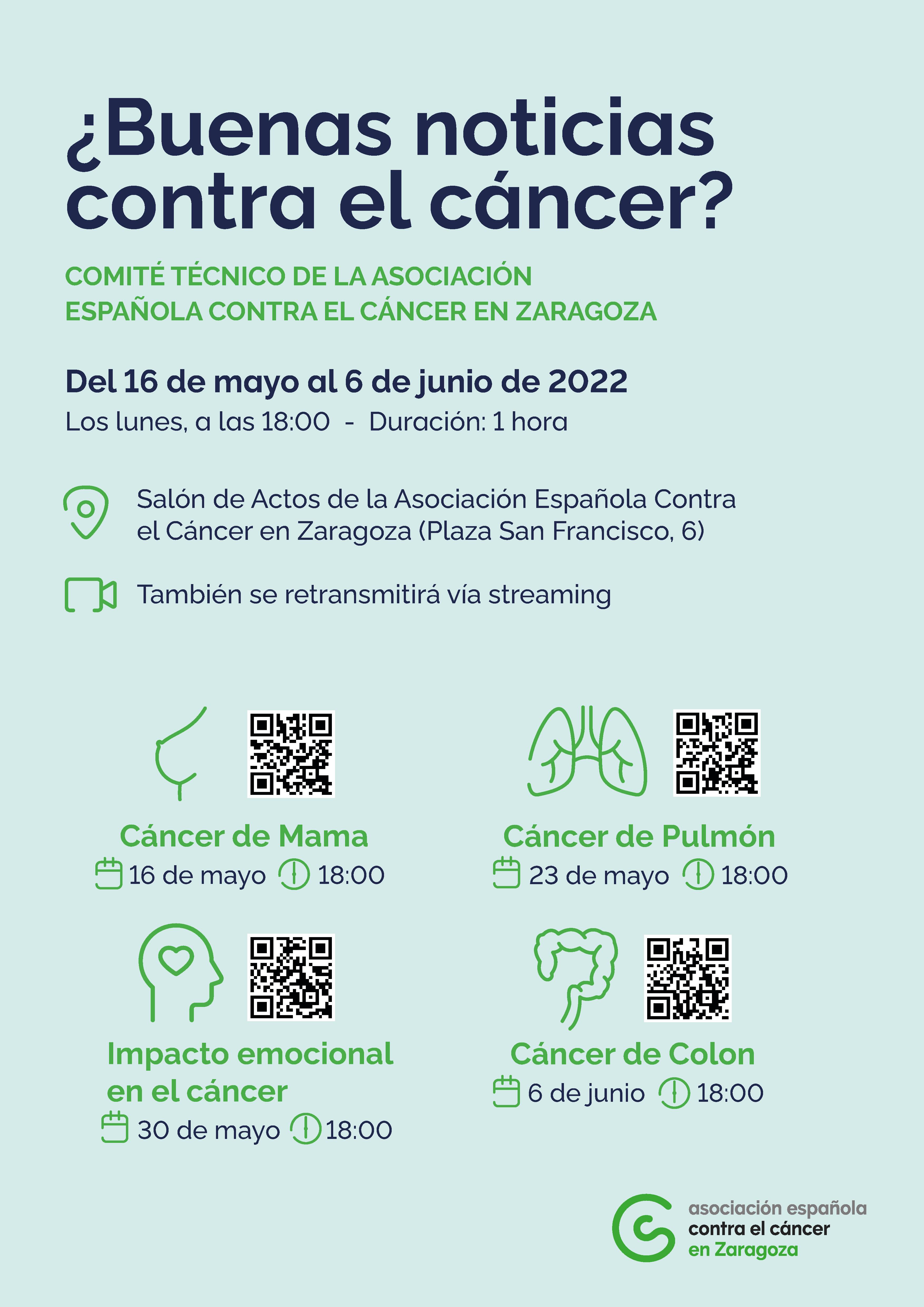 El Comité Técnico de la Asociación Española contra el Cáncer en Zaragoza organiza el ciclo de conferencias “¿Buenas noticias contra el cáncer?”