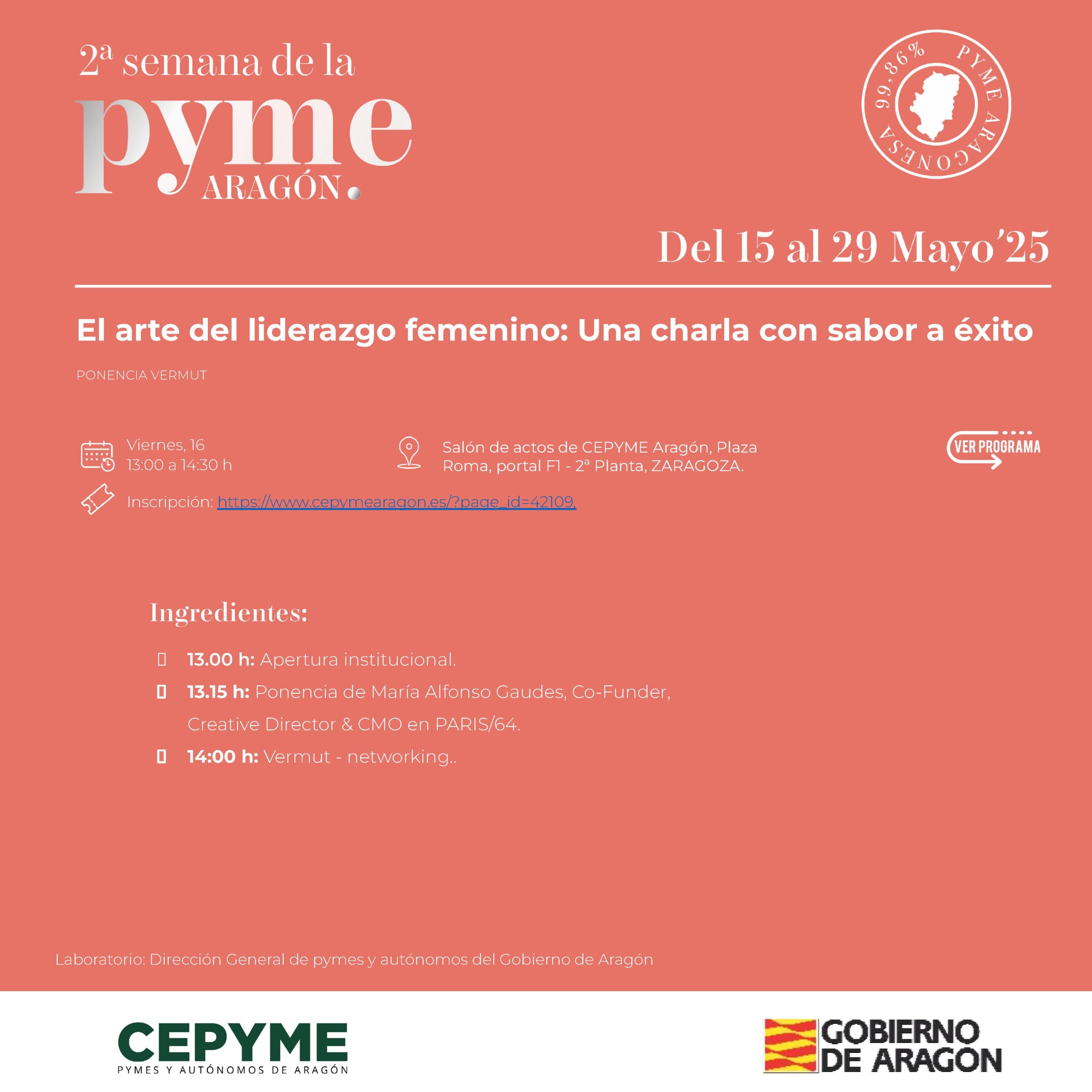 Vermut y liderazgo femenino en el acto de CEPYME Aragón para la 2ª Semana de la PYME. ¡Inscríbete ya!